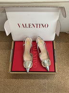 VL 26s High Heel Slingbacks In Metallic Silver Calfskin With Crystal