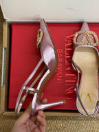 VL 26s High Heel Slingbacks In Metallic Pink Calfskin With Crystal