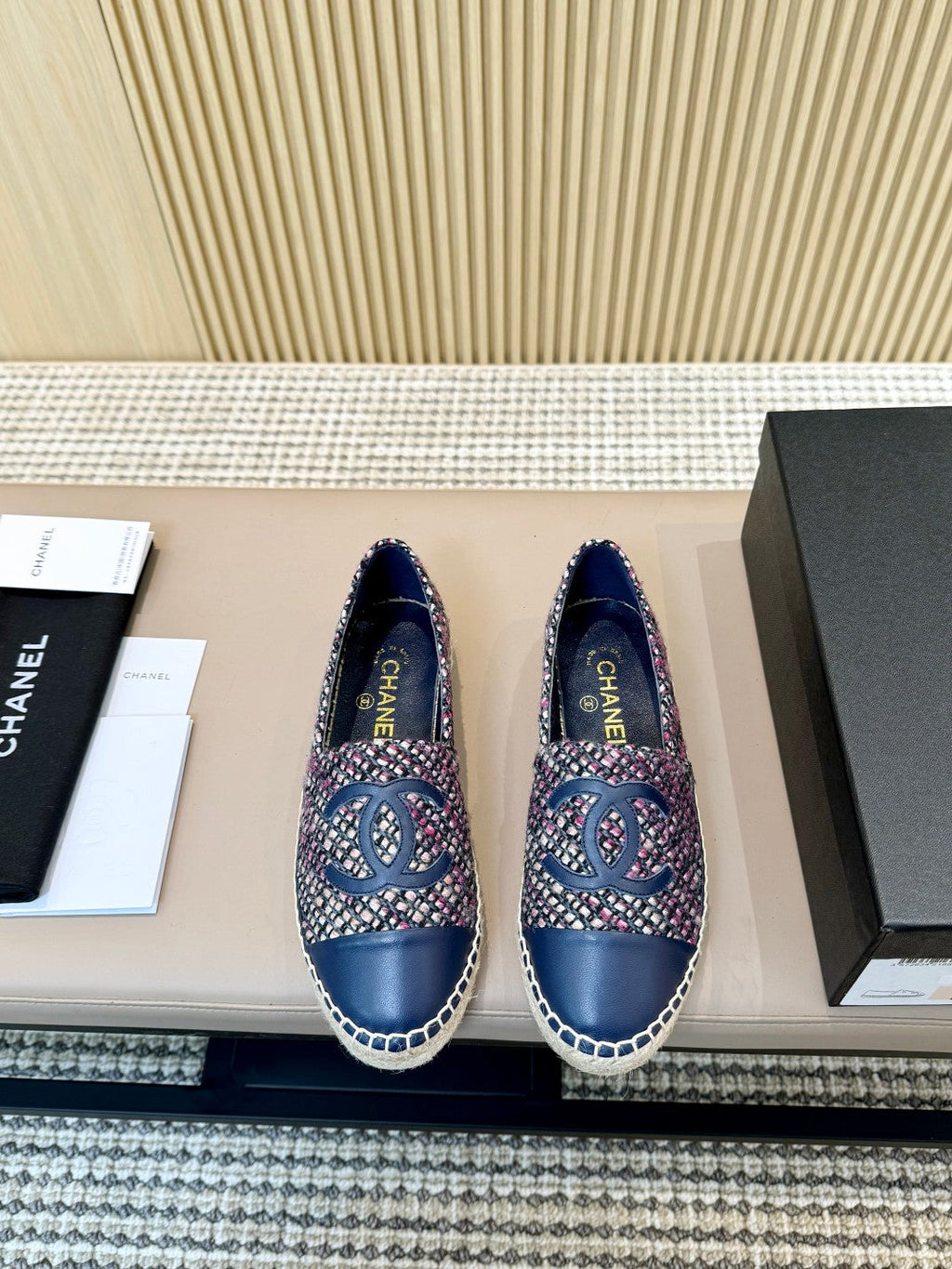 cc espadrilles tweed cloth blue calfskin