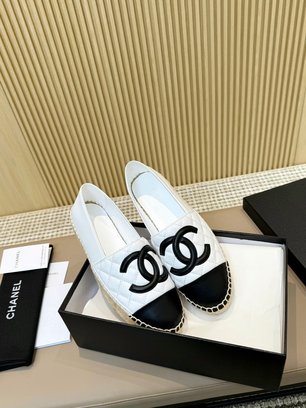 cc espadrilles white black quilted calfskin