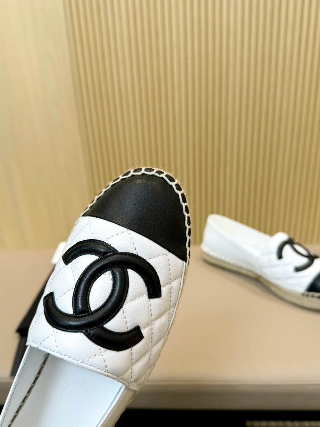 cc espadrilles white black quilted calfskin