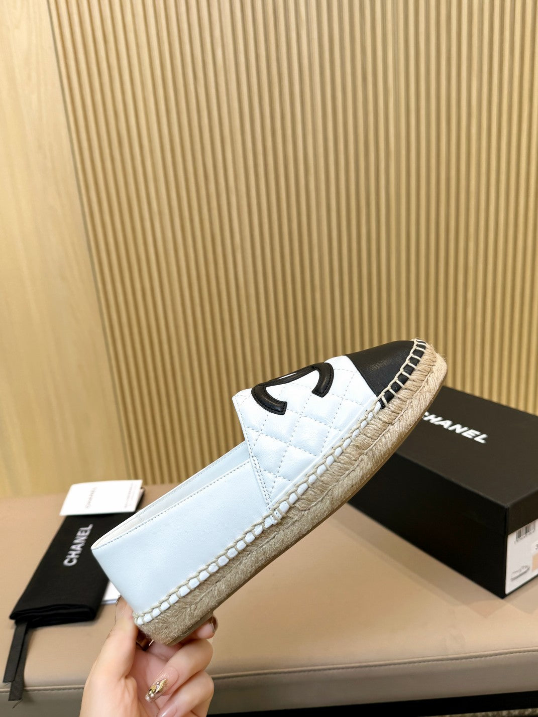 cc espadrilles white black quilted calfskin