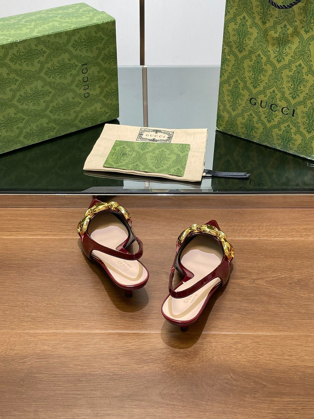 GG MID-HEELED SLINGBACK 4.5 CM IN WINE RED GLOSSY CALFSKIN
