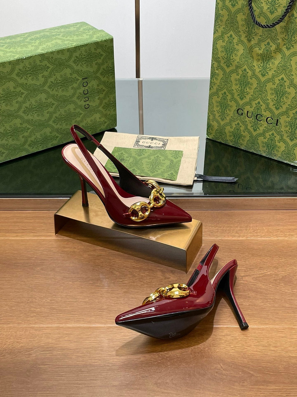 GG HIGH SLINGBACK 10.5 CM IN WINE RED GLOSSY CALFSKIN