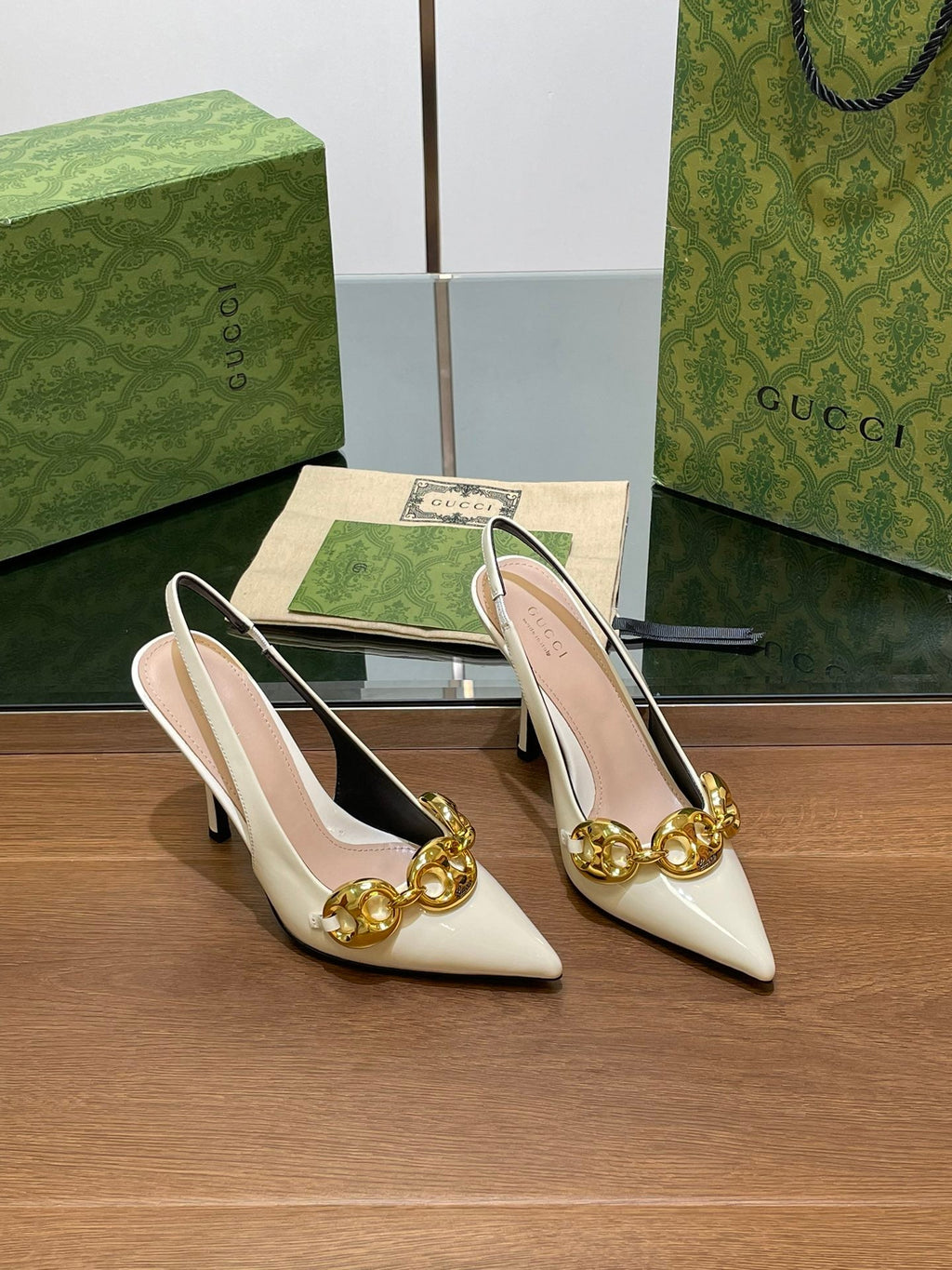 GG HIGH SLINGBACK 10.5 CM IN WHITE GLOSSY CALFSKIN