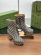 GG SHORT BOOTS 11.5 CM IN BLACK MIX BEIGE MONOGRAM JACQUARD FABRIC