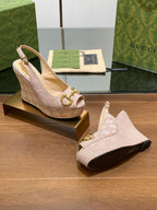 GG WEDGE PLATFORM IN ALMOND BEIGE MONOGRAM JACQUARD FABRIC
