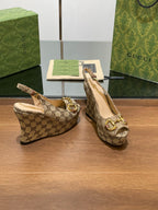 GG WEDGE PLATFORM IN CAMEL BROWN MONOGRAM JACQUARD FABRIC