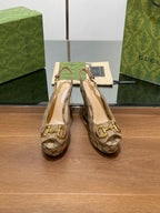 GG WEDGE PLATFORM IN CAMEL BROWN MONOGRAM JACQUARD FABRIC