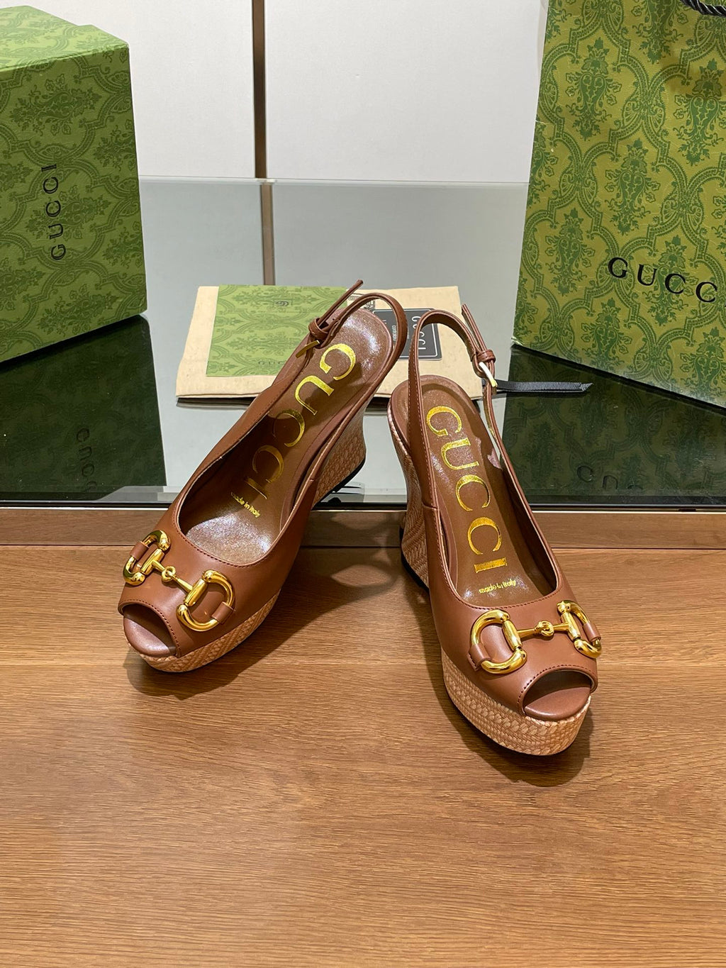 GG WEDGE PLATFORM IN CHOCOLATE BROWN CALFSKIN