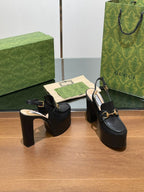 GG WOMEN'S HORSEBIT PLATFORM SLINGBACK IN BLACK CALFSKIN