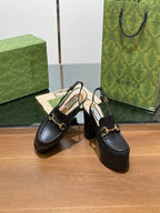 GG WOMEN'S HORSEBIT PLATFORM SLINGBACK IN BLACK CALFSKIN