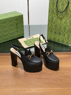 GG WOMEN'S HORSEBIT PLATFORM SLINGBACK IN BLACK CALFSKIN