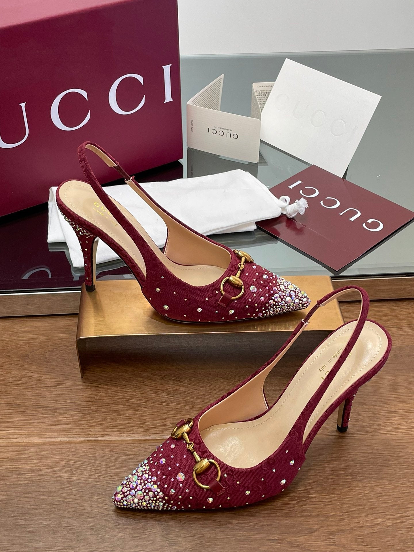 GG Horsebit Slingback 85MM Red Ebony Monogram Canvas Point Toe Crystal-Embellished