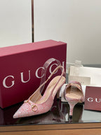GG Horsebit Slingback 45MM Pink Ebony Monogram Canvas Point Toe Crystal-Embellished