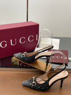 GG Horsebit Slingback 45MM Black Ebony Monogram Canvas Point Toe Crystal-Embellished