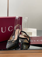 GG Horsebit Slingback 45MM Black Ebony Monogram Canvas Point Toe Crystal-Embellished
