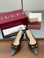 GG Horsebit Slingback Flat Black Ebony Monogram Canvas Point Toe Crystal-Embellished