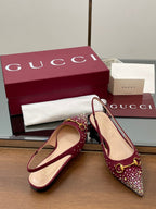 GG Horsebit Slingback Flat Red Ebony Monogram Canvas Point Toe Crystal-Embellished