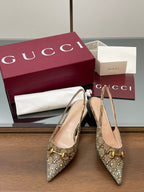GG Horsebit Slingback Flat Beige Ebony Monogram Canvas Point Toe Crystal-Embellished