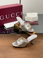 GG Canvas Mid-Heel Mules 7.5cm Sliver Sheepskin 646477
