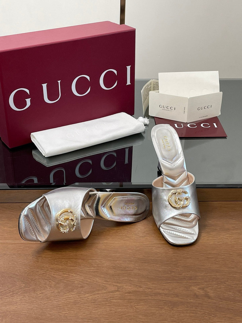 GG Canvas Mid-Heel Mules 7.5cm Sliver Sheepskin 646477