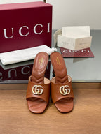 GG Canvas Mid-Heel Mules 7.5cm Tan Brown Sheepskin 646480