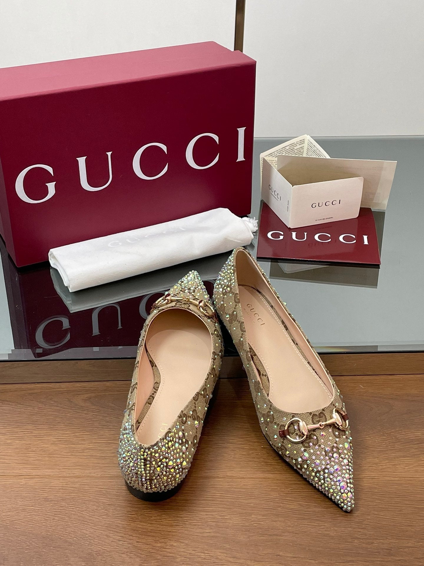 GG Horsebit Ballet Flat Beige Ebony Monogram Canvas Crystal-Embellished