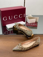 GG Horsebit Ballet Flat Beige Ebony Monogram Canvas Crystal-Embellished