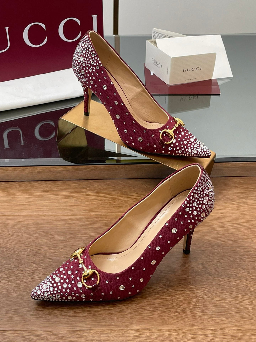GG Horsebit Pump 85 Red Ebony Monogram Canvas Crystal-Embellished