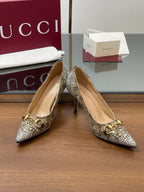 GG Horsebit Pump 85 Beige Ebony Monogram Canvas Crystal-Embellished
