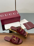 GG D-Shaped Sandals Burgundy Sheepskin Canvas 646461
