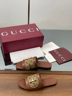 GG D-Shaped Sandals Brown Sheepskin Canvas 646462