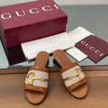 GG D-Shaped Sandals Brown White Sheepskin Canvas 646465