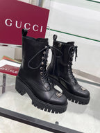 GG Platform Combat Boots Black Cowhide 476792