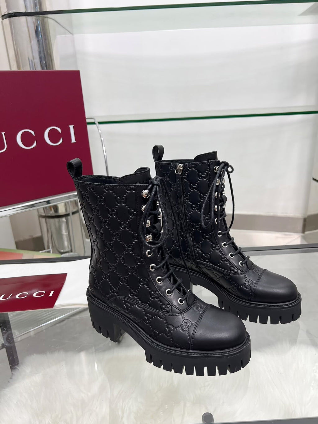 GG Platform Combat Boots Black Logo Embossed Cowhide 476791