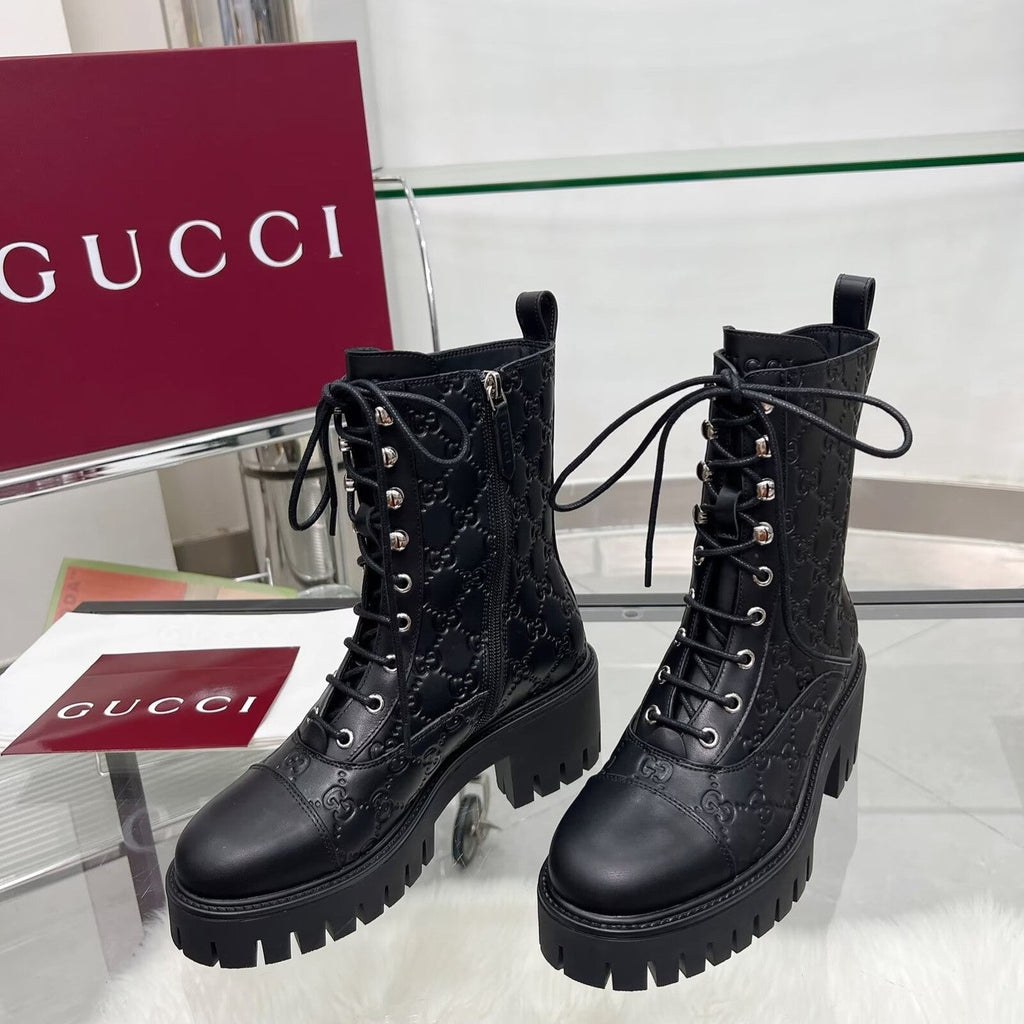 GG Platform Combat Boots Black Logo Embossed Cowhide 476791