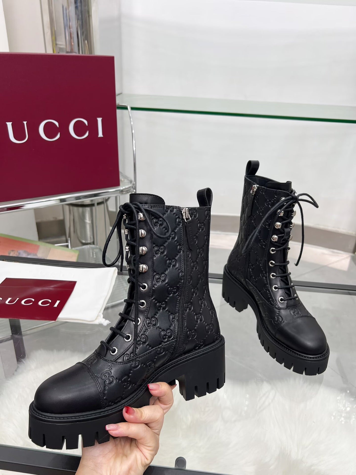 GG Platform Combat Boots Black Logo Embossed Cowhide 476791