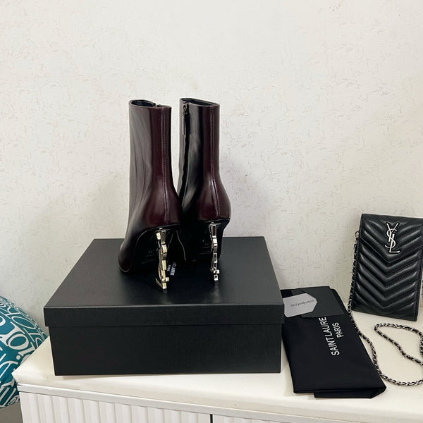 YSL 2025 Logo Metal Heel Ankle Boot Dark Burgundy Cowhide 575002