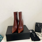 YSL 2025 Logo Metal Heel Ankle Boot Brown Cowhide 575004
