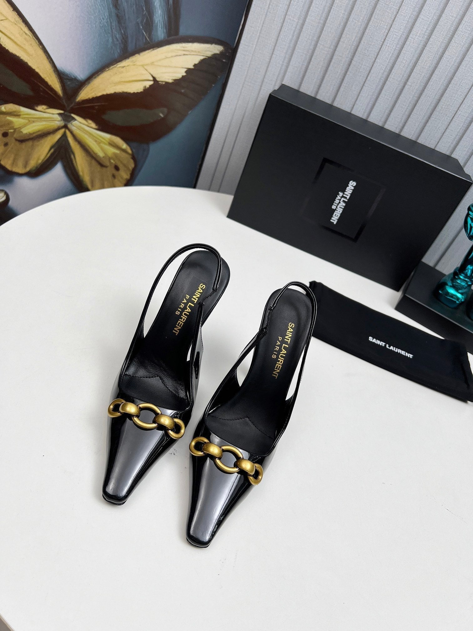 YSL Hermione Slingback 11cm Black Patent Leather 680406