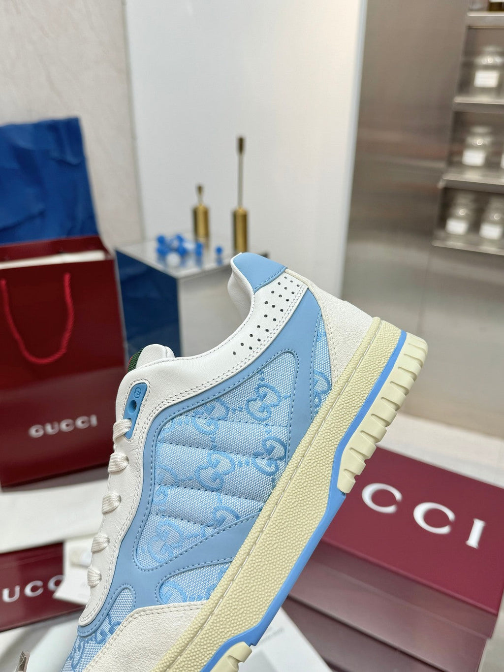 GG Re-Web Sneakers Light Blue White Suede Cowhide Fabric 564719