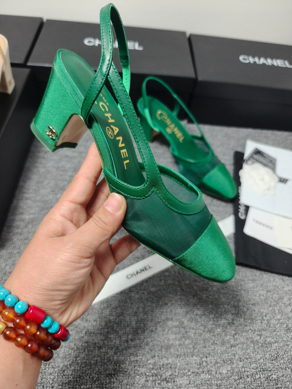 CC 26s Slingback 6.5cm Green Mesh Fabric Sheepskin 681993