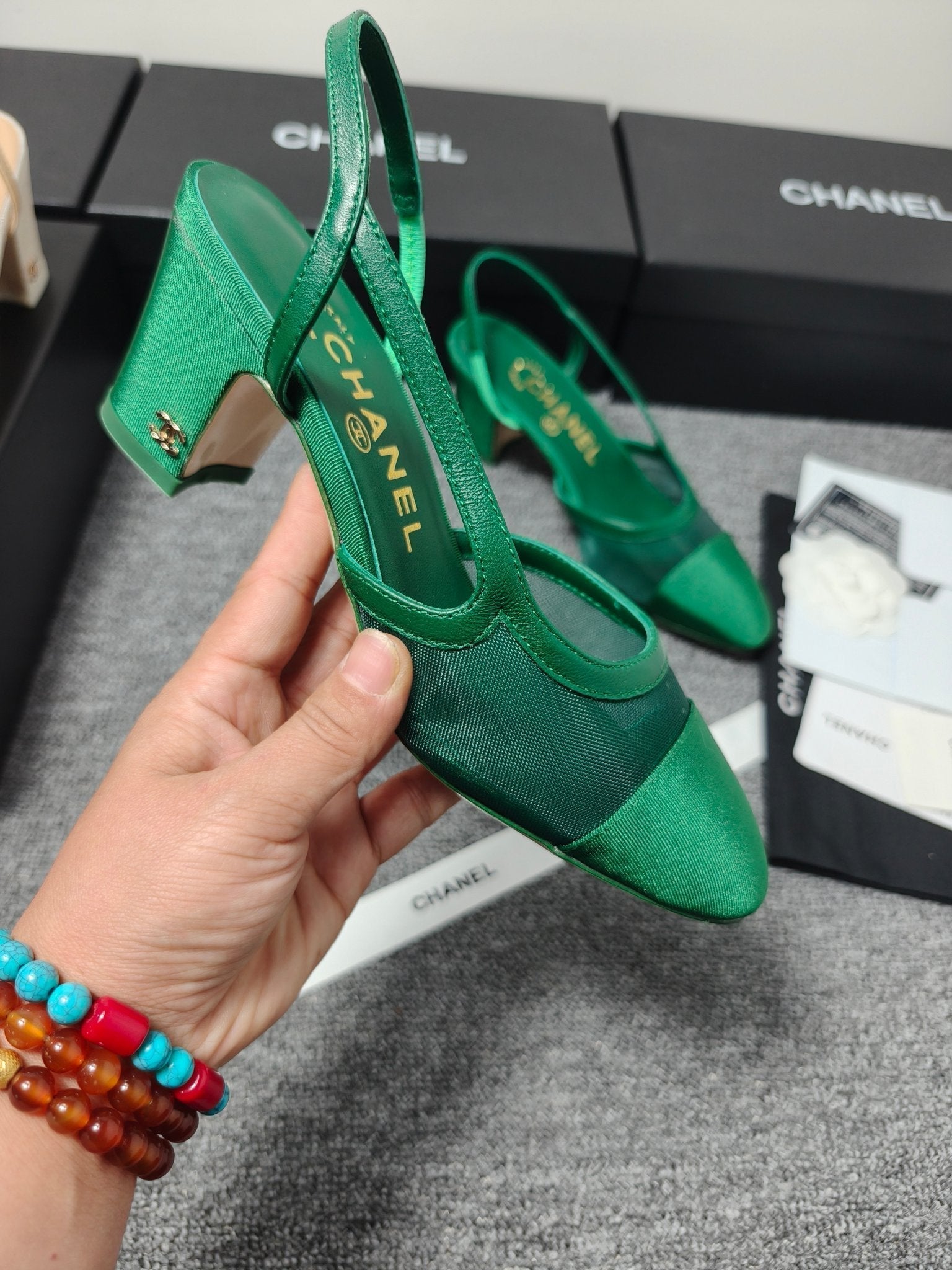 CC 26s Slingback 6.5cm Green Mesh Fabric Sheepskin 681993