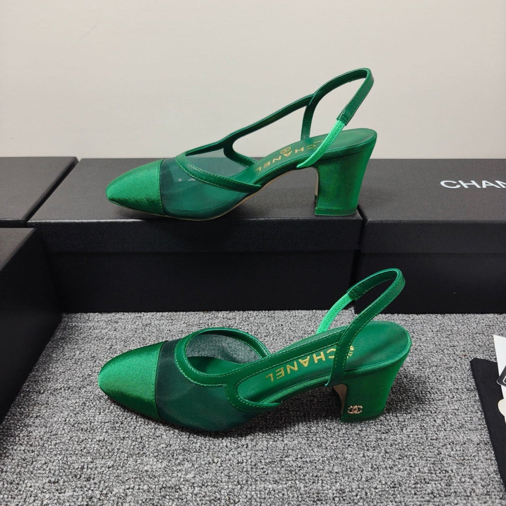 CC 26s Slingback 6.5cm Green Mesh Fabric Sheepskin 681993