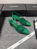 CC 26s Slingback 6.5cm Green Mesh Fabric Sheepskin 681993