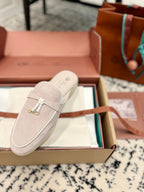 Loro Piana Light Grey White Suede Charms Walk Flat Mules