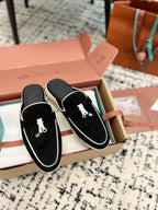 Loro Piana Black White Suede Charms Walk Flat Mules