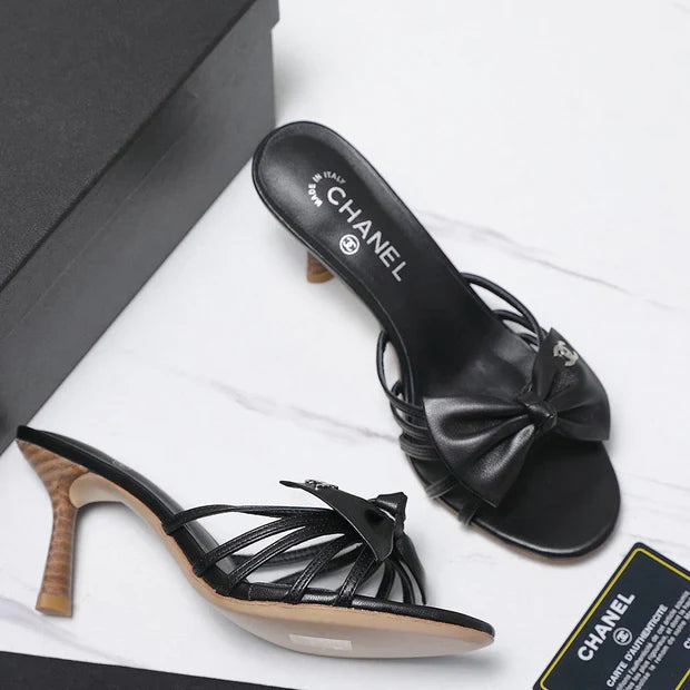 CC 2026 High-heeled Sandals With Delicate Bow 80mm Black Cowhide 758430