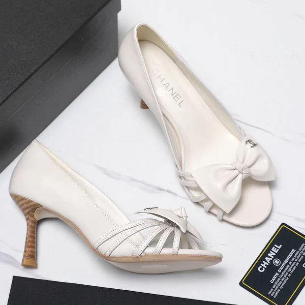 CC 2026 Bow Strappy High-Heeled Peep Toe Sandals White Cowhide 758431